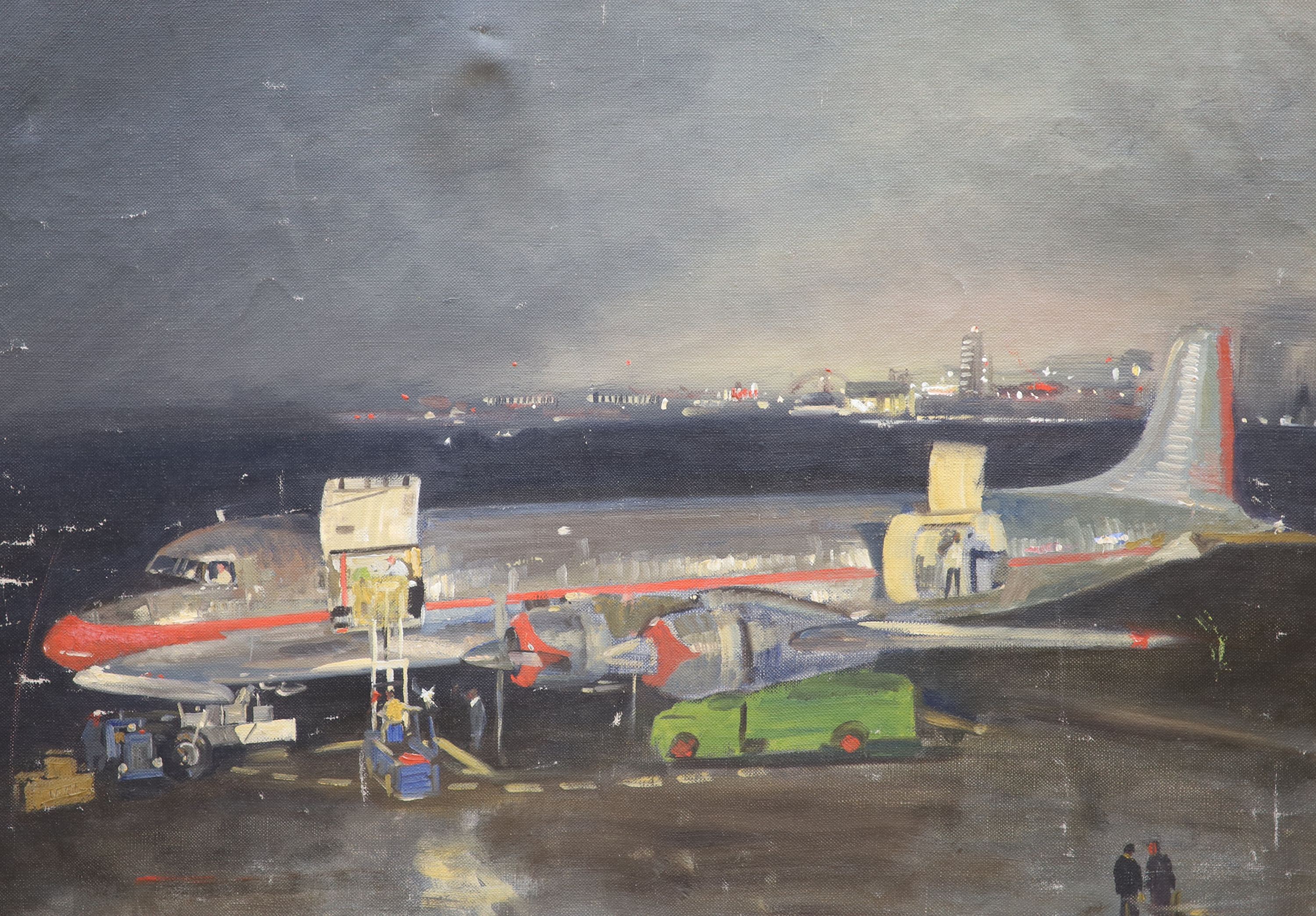 Douglas Ettridge (1927-2009), oil on canvas, A DC 6 Freighter, studio stamp verso, 49 x 60cm, unframed